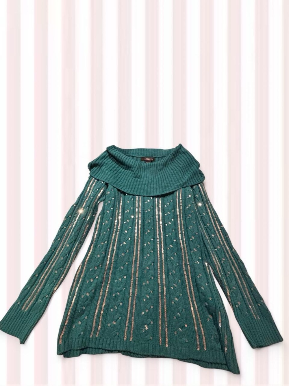 Midnight Velvet Teal Cowl Neck Sweater with Metallic Stripes